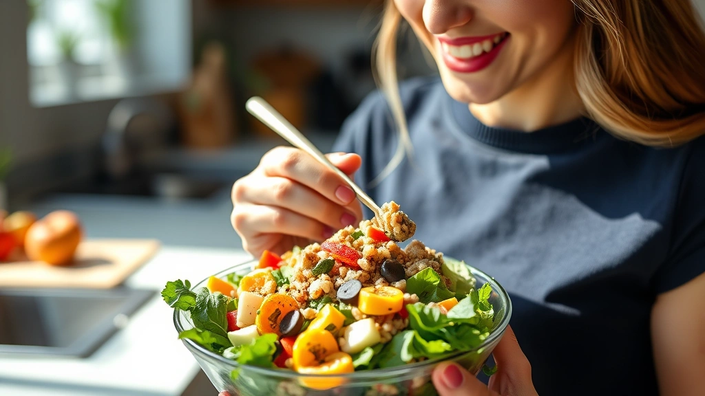Woman enjoying a colorful salad with fresh vegetables, grains, and protein source, bright natural lighting, healthy meal presentation, kitchen setting