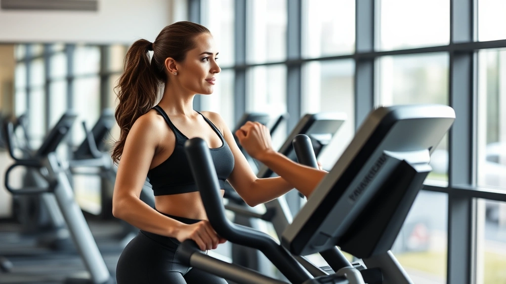 Woman exercising on elliptical machine in modern gym with bright natural lighting, focused expression, fitness attire, professional studio setting