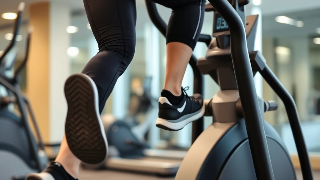 Close-up of person's lower body on elliptical trainer showing proper form and smooth gliding motion, athletic wear, gym environment