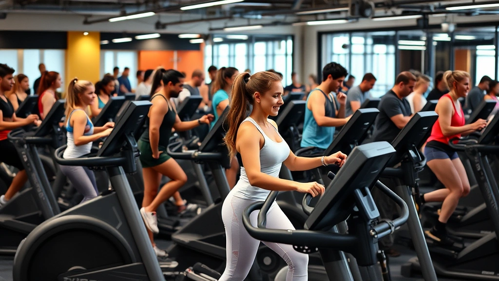 Diverse group of people at fitness facility using various cardio equipment including elliptical machines, motivational gym atmosphere, healthy lifestyle