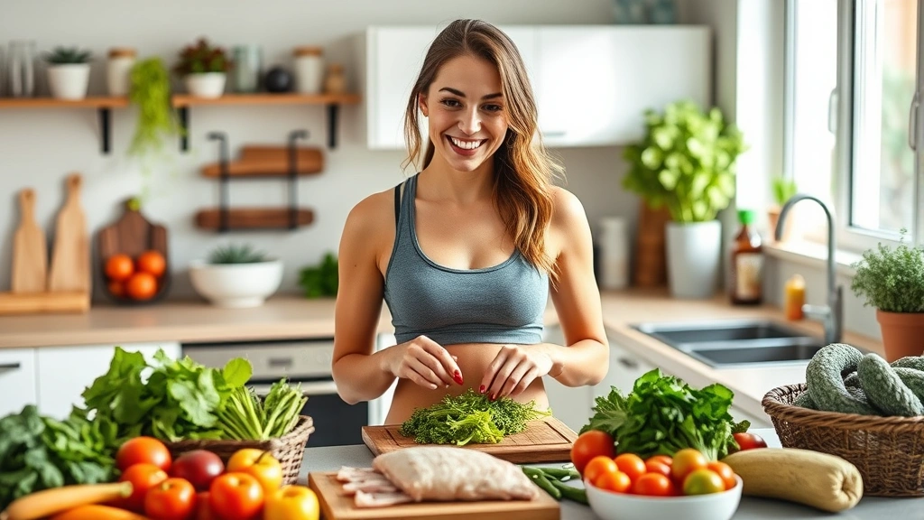 Fit woman meal prepping fresh vegetables and lean protein in a bright kitchen, smiling, healthy food preparation scene, natural lighting, realistic photography