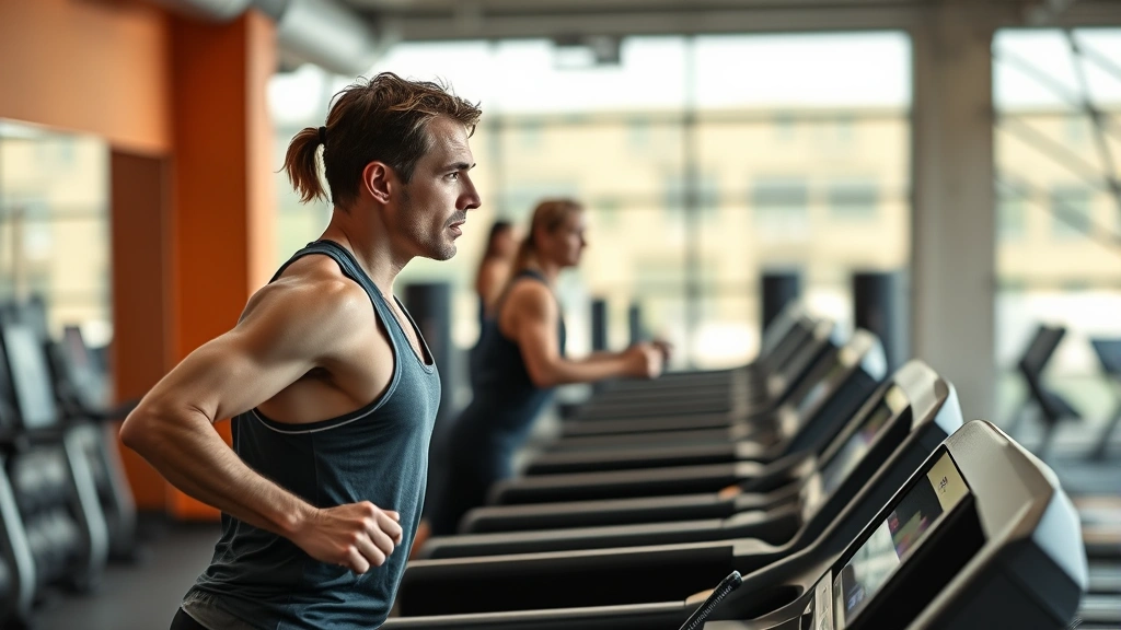 Person doing high-intensity interval training on a treadmill in a gym, focused expression, athletic wear, modern fitness facility, dynamic movement captured