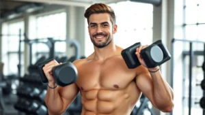 Athletic man in gym doing strength training with dumbbells, confident expression, bright natural lighting, modern fitness environment, professional photography
