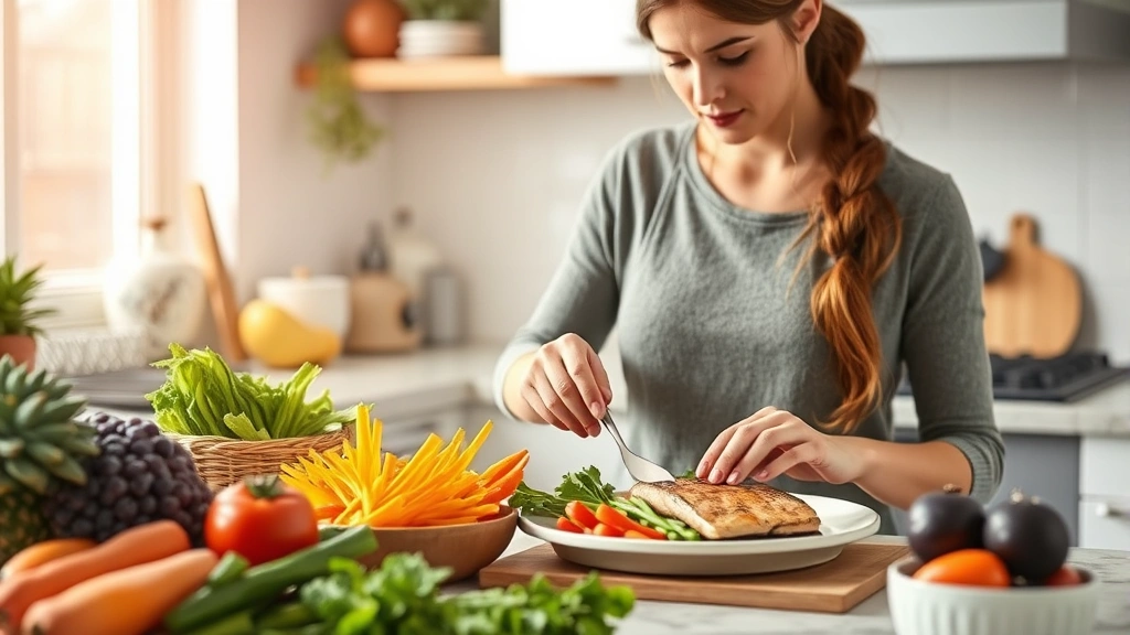 Woman preparing healthy meal with fresh vegetables and lean protein, kitchen counter with colorful ingredients, warm natural lighting, nutritious food preparation
