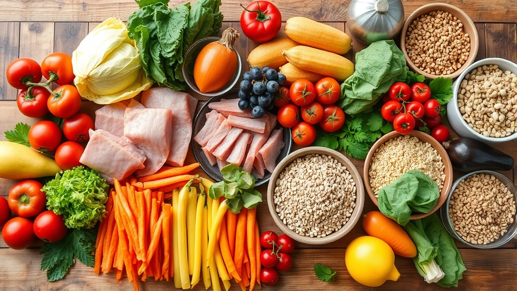 Colorful array of fresh whole foods on wooden table including lean proteins, vegetables, fruits, and grains, natural lighting, appetizing and health-focused presentation