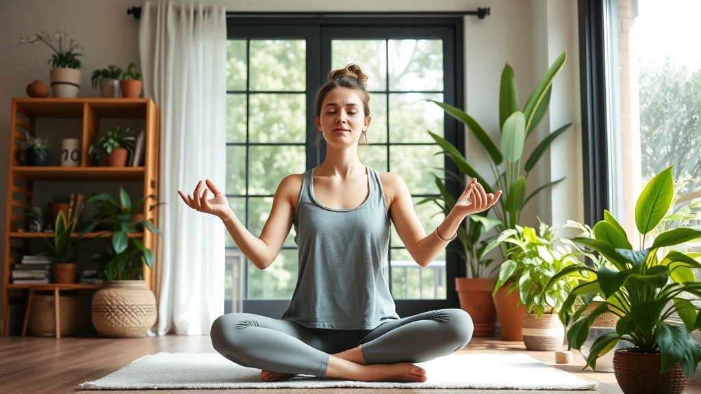 Woman meditating peacefully in serene home environment with plants and natural light, relaxed posture, embodying stress management and wellness lifestyle