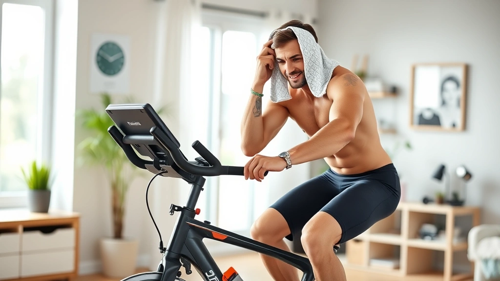 A fit person completing a cycling workout on stationary bike, wiping forehead with towel, looking energized and accomplished, home gym environment, modern aesthetic