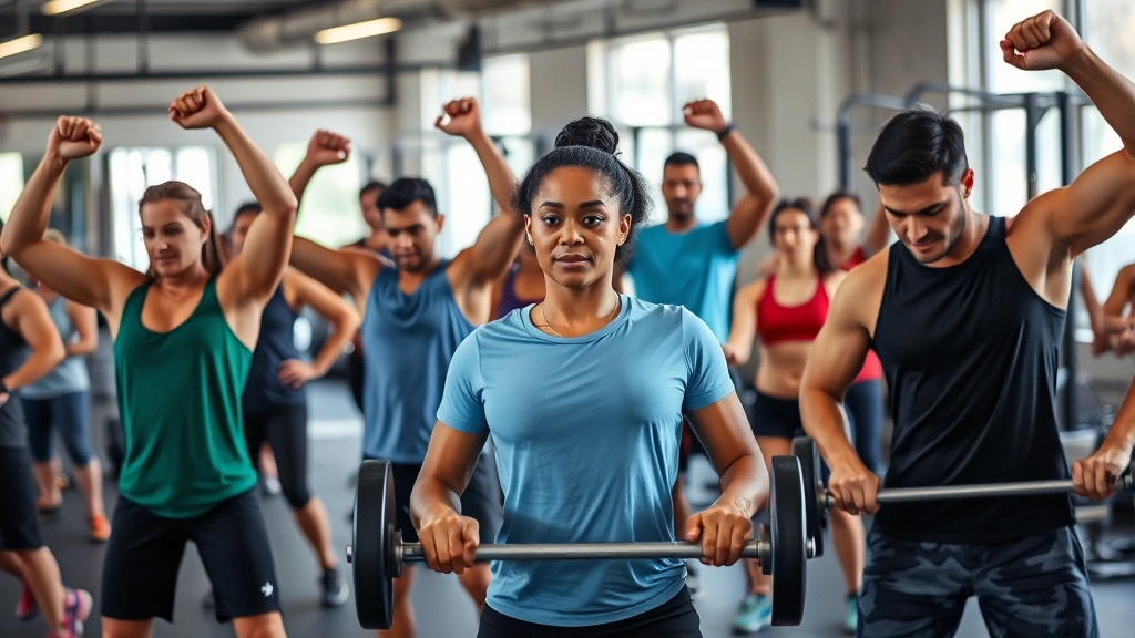 A diverse group of people performing strength training exercises in a well-lit gym setting with weights and equipment, showing proper form and determination, motivational and supportive atmosphere