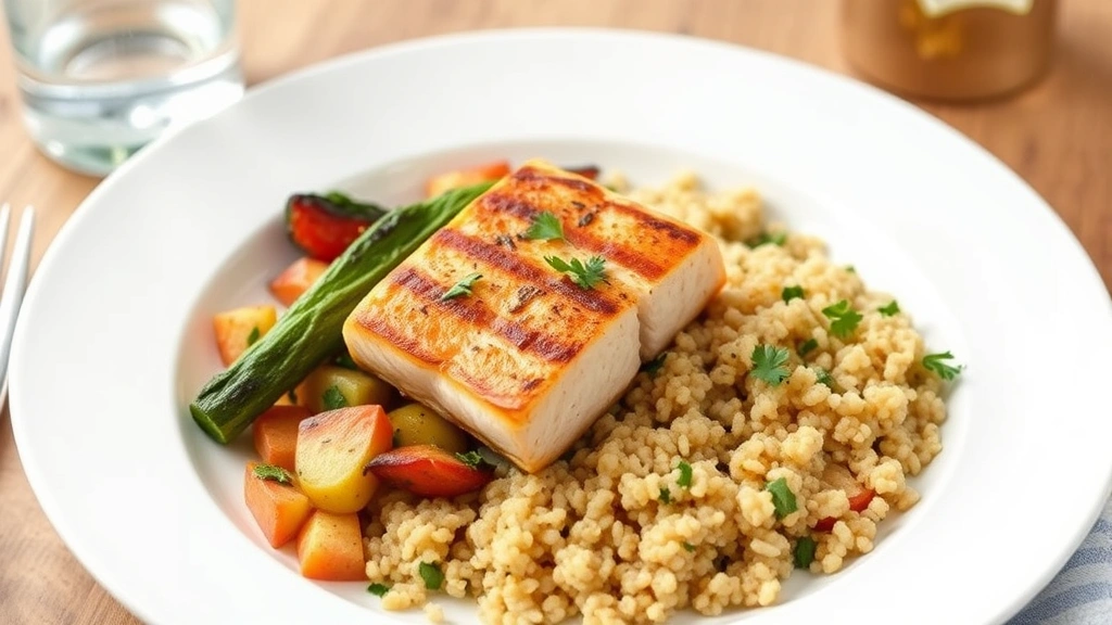 A nutritious meal plate with grilled salmon, roasted vegetables, and quinoa, beautifully plated on a white dish with a glass of water beside it, fresh herbs as garnish, appetizing and wholesome