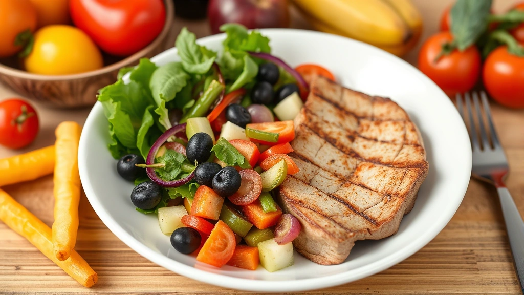 Healthy meal with protein, colorful vegetables, and fruits supporting skin health during weight loss transformation