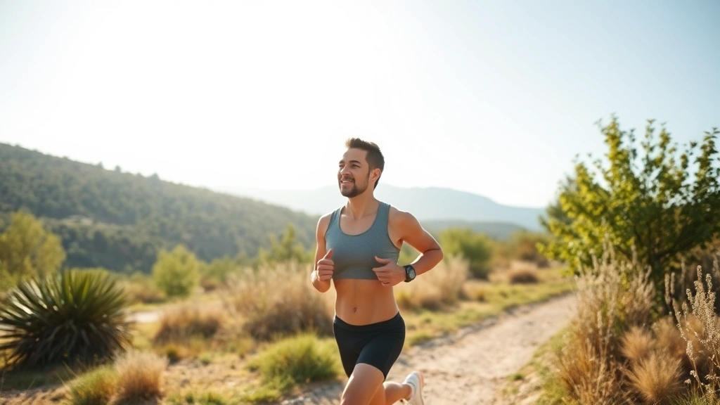 Person jogging outdoors on sunny morning, athletic wear, focused expression, natural landscape background, bright daylight