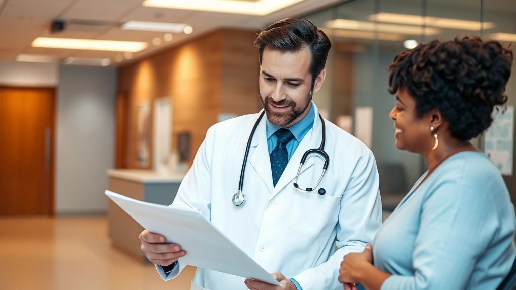 Doctor in white coat reviewing patient chart in modern clinic, professional healthcare setting, warm lighting, caring interaction