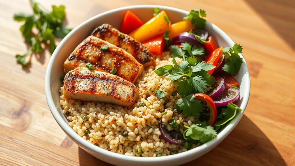 Healthy meal bowl with grilled chicken, quinoa, colorful vegetables, fresh herbs, wooden table, natural lighting