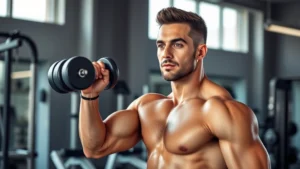 Athletic man in gym lifting dumbbells with focused expression, well-lit fitness environment with natural lighting, muscular physique, professional setting