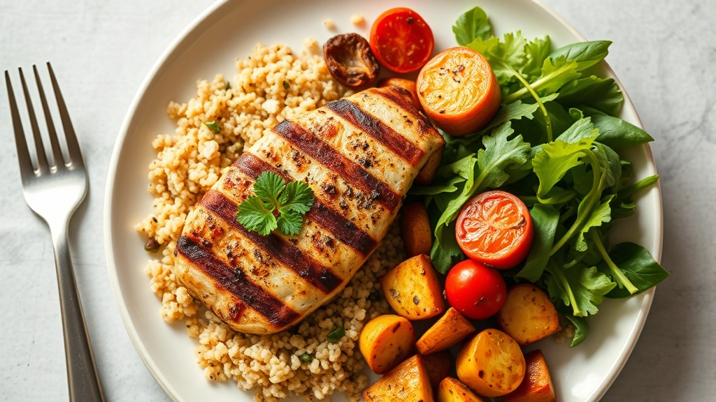 Overhead shot of balanced meal plate with grilled chicken breast, quinoa, roasted vegetables and green salad, fresh and appetizing, natural daylight