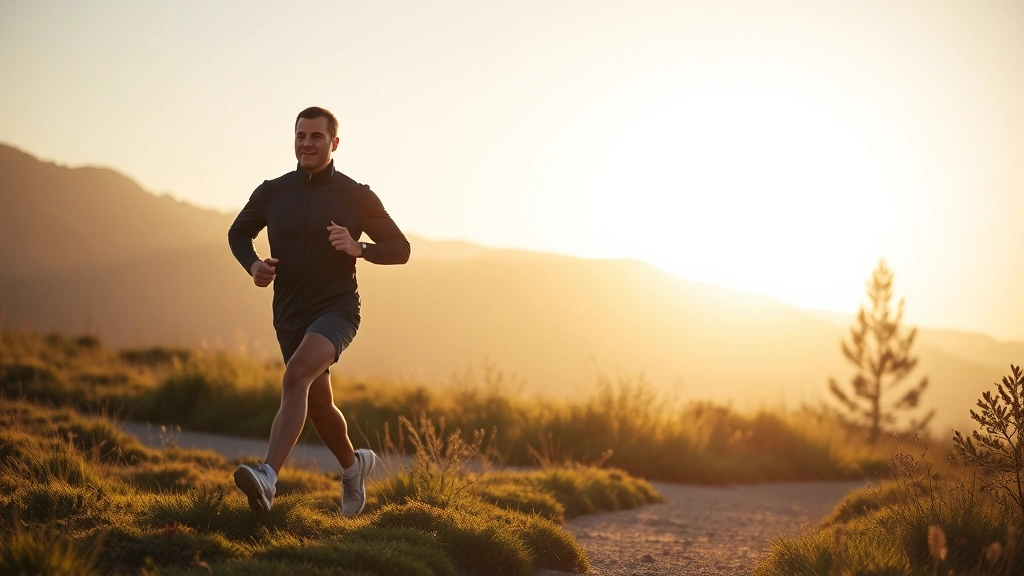 Man jogging outdoors on scenic trail through nature, early morning or golden hour lighting, athletic wear, energetic movement, healthy lifestyle context