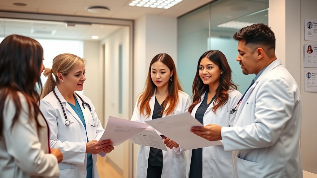 A diverse group of healthcare professionals in white coats reviewing patient charts and discussing weight loss strategies in a modern medical clinic setting, warm lighting, professional atmosphere