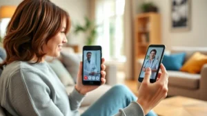 Woman holding a smartphone showing a telehealth video consultation with a healthcare provider, sitting at home in a comfortable living room, warm natural lighting