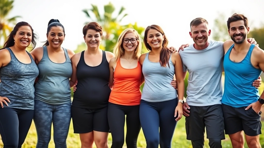 Diverse group of healthy adults in casual athletic wear smiling outdoors, representing successful weight loss transformation and wellness journey