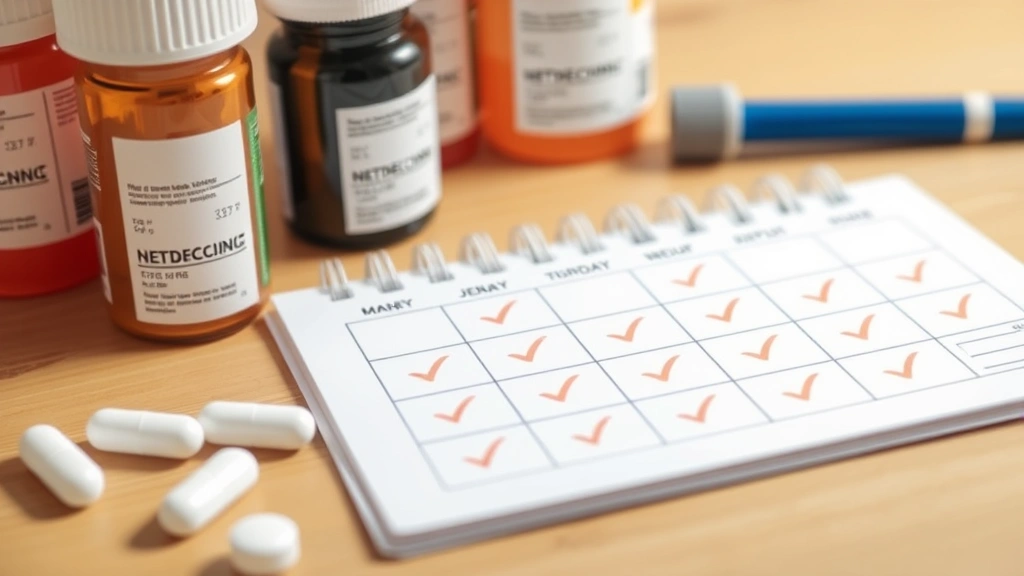 Close-up of prescription medication bottles and a calendar with checkmarks showing medication adherence tracking on a bright wooden desk