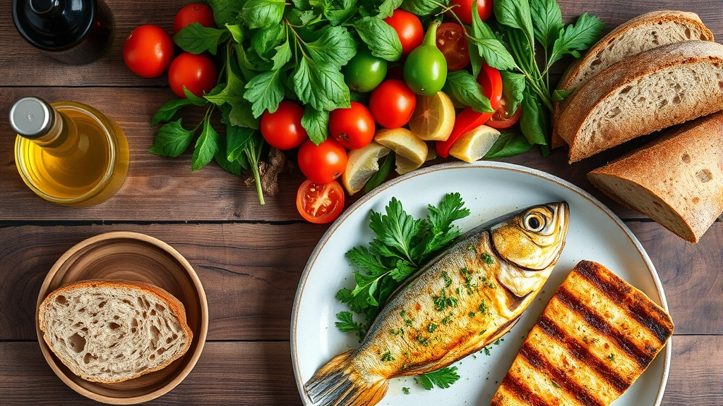 Overhead view of a vibrant Mediterranean-style meal with olive oil, fresh vegetables, whole grain bread, and grilled fish on a rustic wooden table, natural daylight