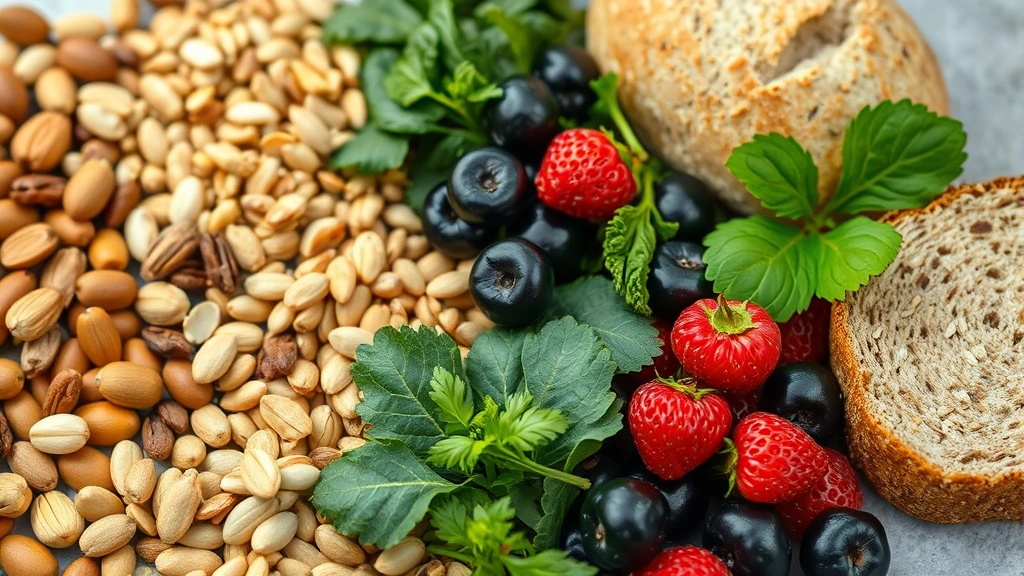 Close-up of diverse whole foods including nuts, seeds, legumes, fresh berries, leafy greens, and whole grain bread arranged on a neutral surface, emphasizing nutrition