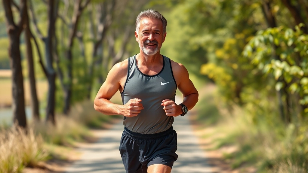A fit man in his 40s-50s with healthy complexion jogging outdoors on a sunny trail surrounded by trees and natural landscape, wearing athletic wear, appearing energetic and confident