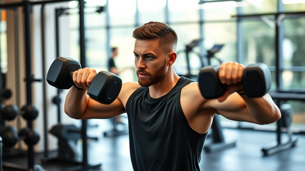 A determined individual performing strength training with dumbbells in a bright, modern gym setting with natural light, showing proper form and focused expression during workout