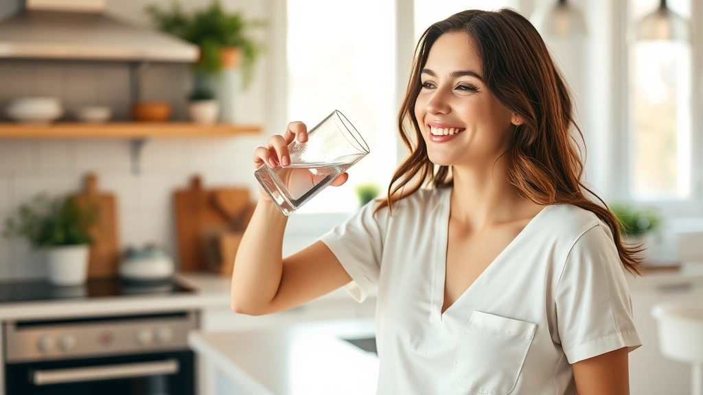 Woman drinking water from glass in bright kitchen, smiling, natural morning light, healthy lifestyle, no text visible