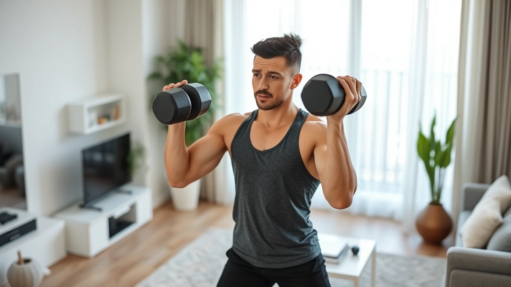 Person doing home workout with dumbbells in modern living room, focused expression, athletic wear, energetic movement, clean space