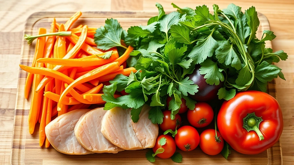 Colorful fresh vegetables and lean protein on wooden cutting board, vibrant greens and reds, whole foods preparation, natural lighting
