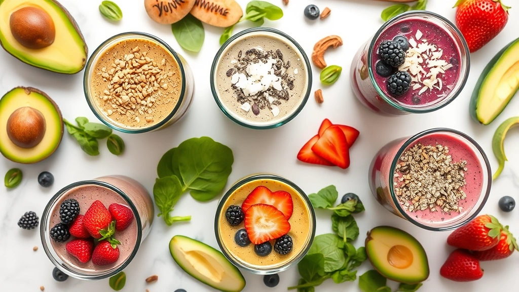 Overhead flat lay of five different nutritious smoothie bowls and shakes in clear glasses, each topped with different garnishes like chia seeds, coconut flakes, and berries, surrounded by fresh ingredients including avocado, spinach, and tropical fruits on white marble surface