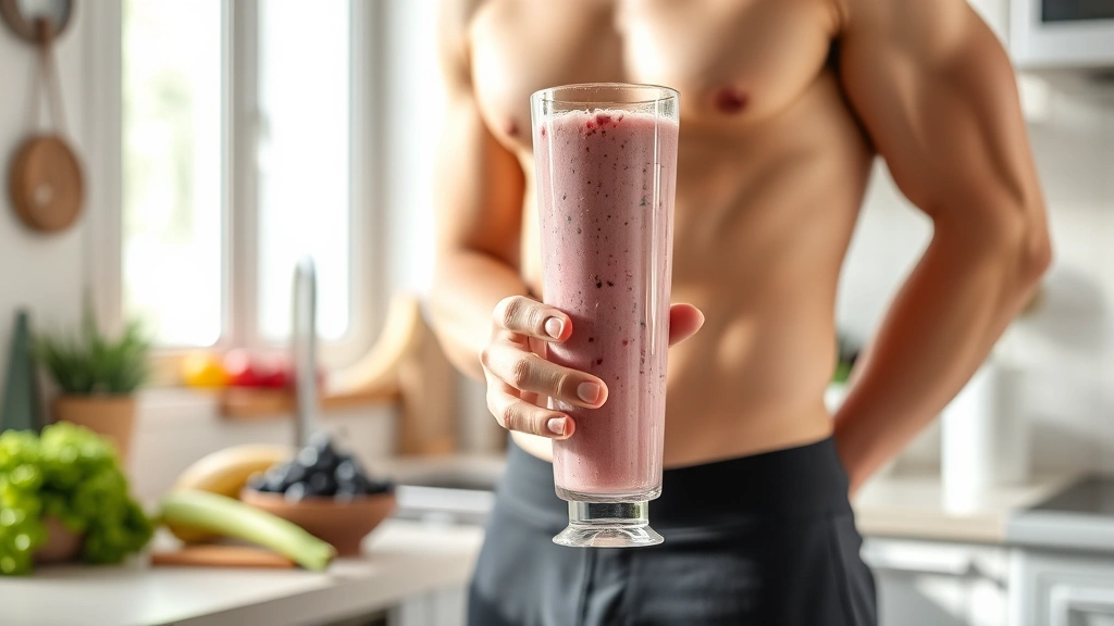 Fit, healthy person holding a tall glass of creamy berry protein shake with visible texture, standing in bright kitchen with fresh produce on counter, natural morning light streaming through window, showing satisfaction and wellness lifestyle