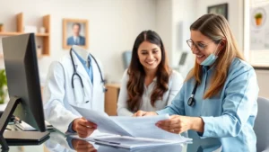 A healthcare provider in clinical setting reviewing health charts with a smiling patient, warm lighting, professional medical office environment, both looking at documents on desk