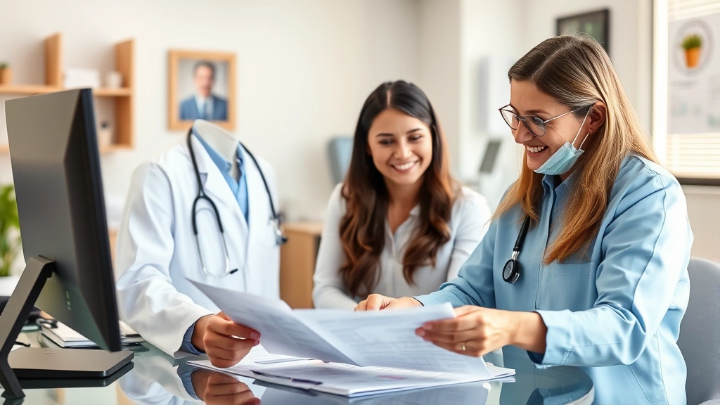 A healthcare provider in clinical setting reviewing health charts with a smiling patient, warm lighting, professional medical office environment, both looking at documents on desk