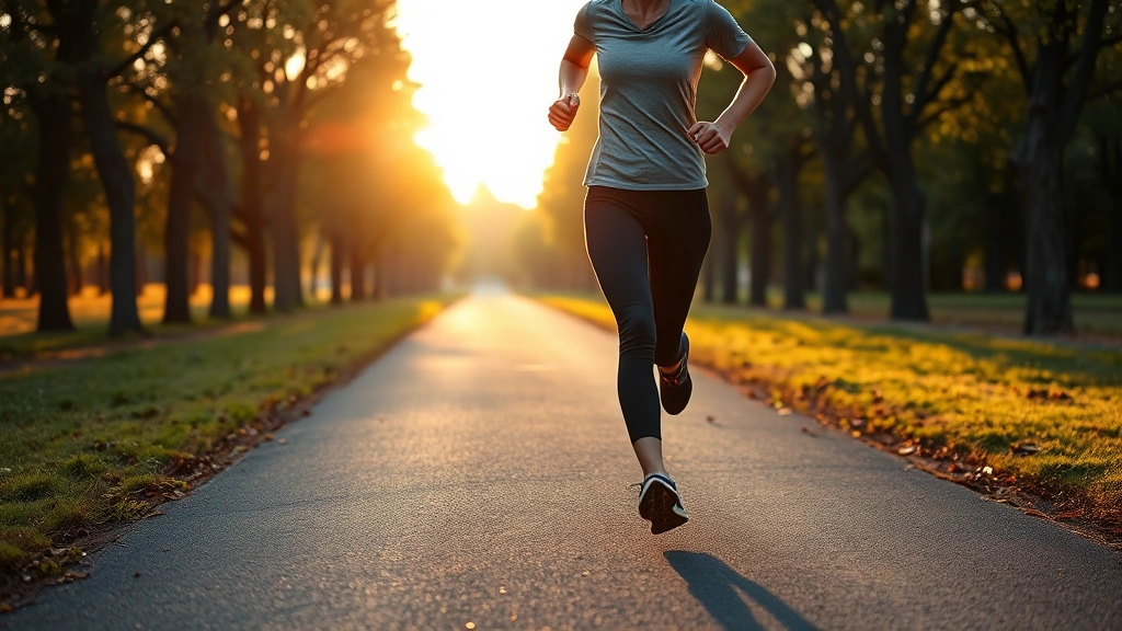 A person jogging outdoors on a peaceful tree-lined path during golden hour, athletic wear, serene natural background, motion captured mid-stride, healthy and energetic appearance