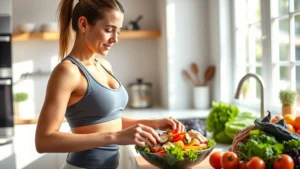 Woman in fitness attire preparing a colorful salad with fresh vegetables and lean protein in a bright, modern kitchen, natural sunlight streaming through windows, peaceful and motivational atmosphere