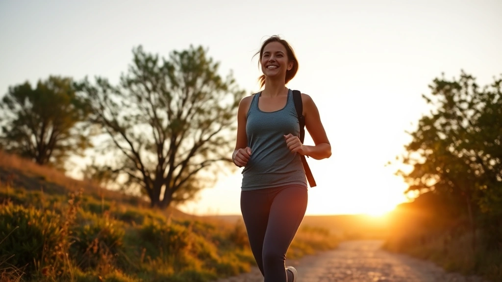 Person walking outdoors on a scenic path during golden hour, wearing comfortable athletic wear, smiling and looking energized, surrounded by nature with trees and natural landscape