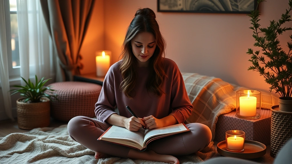 Individual journaling or meditating in a cozy, peaceful space with warm lighting, cup of herbal tea nearby, embodying mental wellness and self-reflection practices