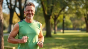 Middle-aged man in athletic wear smiling confidently during morning walk in park with trees and natural sunlight, healthy and energetic posture