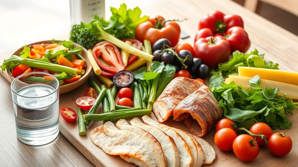 Colorful fresh vegetables and lean proteins on wooden table with glass of water, Mediterranean diet style arrangement, natural daylight