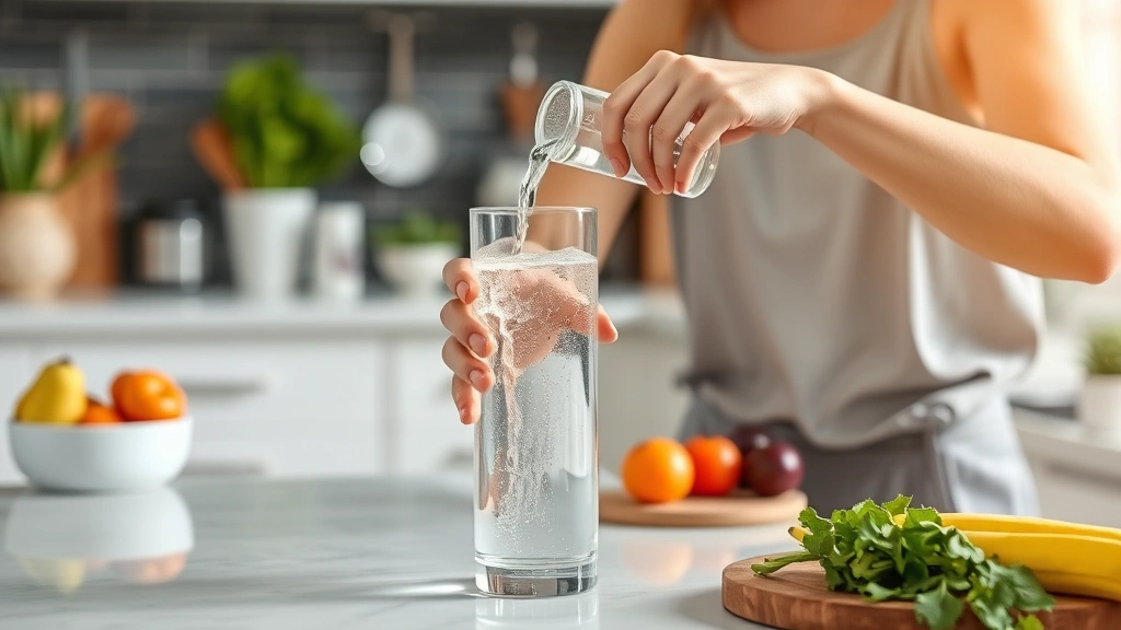Person pouring water into glass at kitchen counter with healthy foods visible in background, hydration and wellness lifestyle moment