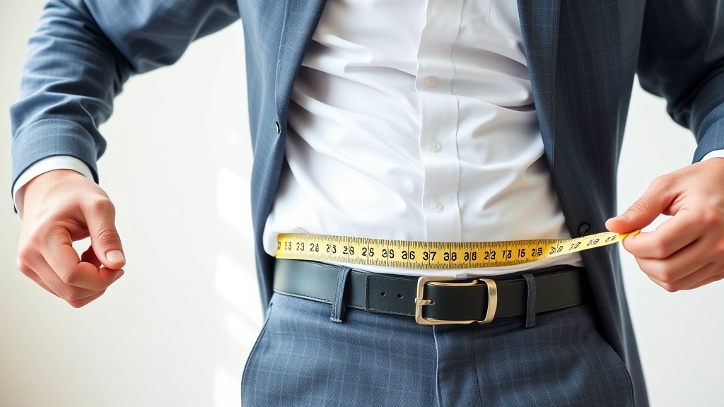 Professional man in business attire measuring waist with measuring tape, smiling confidently, bright natural light, healthy lifestyle concept, no visible numbers on tape