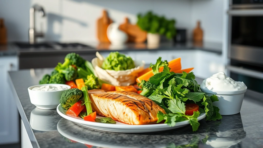 Colorful lean proteins and vegetables on a modern kitchen counter—grilled chicken, salmon, broccoli, leafy greens, Greek yogurt, healthy meal preparation scene, natural daylight