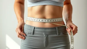 Photorealistic image of a person measuring their waist with a measuring tape, showing body transformation progress, natural lighting, professional health/wellness aesthetic, no text or numbers visible