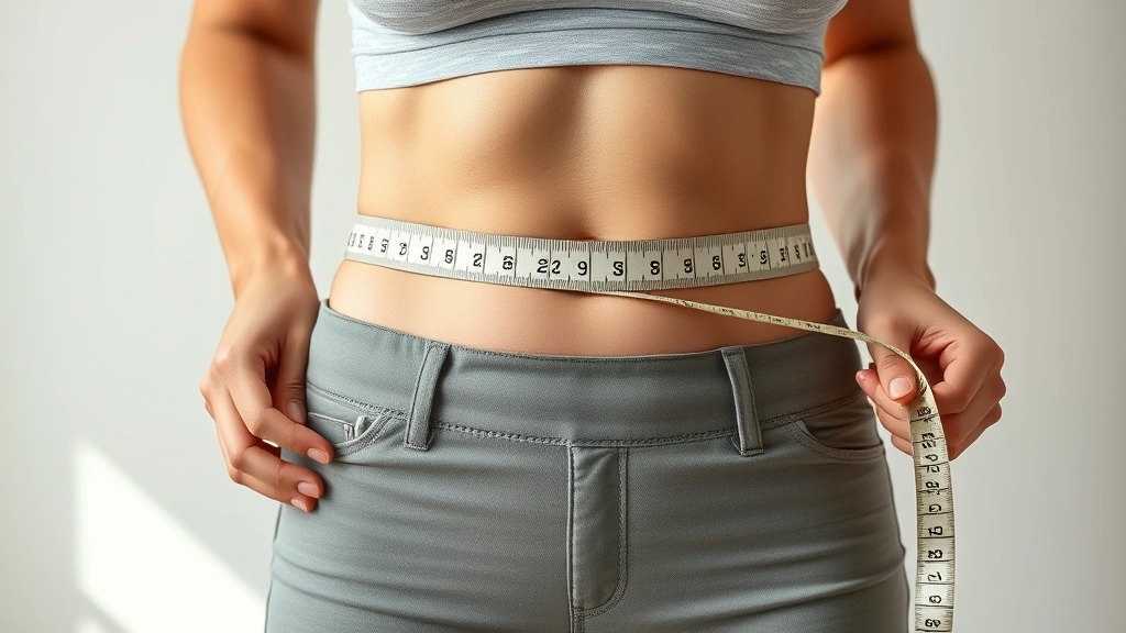 Photorealistic image of a person measuring their waist with a measuring tape, showing body transformation progress, natural lighting, professional health/wellness aesthetic, no text or numbers visible