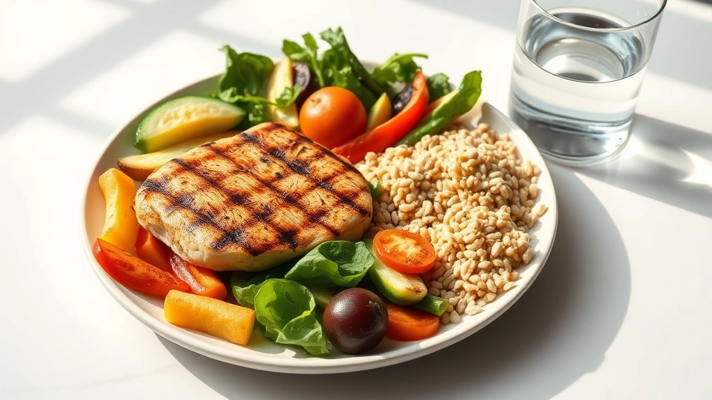 Photorealistic image of a balanced meal plate with grilled lean protein, colorful vegetables, whole grains, and a glass of water on a white table, natural daylight, clean health-focused composition, no labels or text