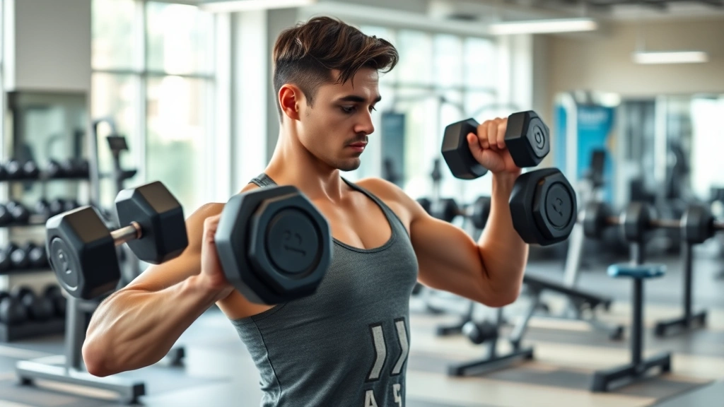 Photorealistic image of a person doing resistance training with dumbbells in a bright gym environment, focused on form and strength, professional fitness setting, no visible numbers or text on equipment
