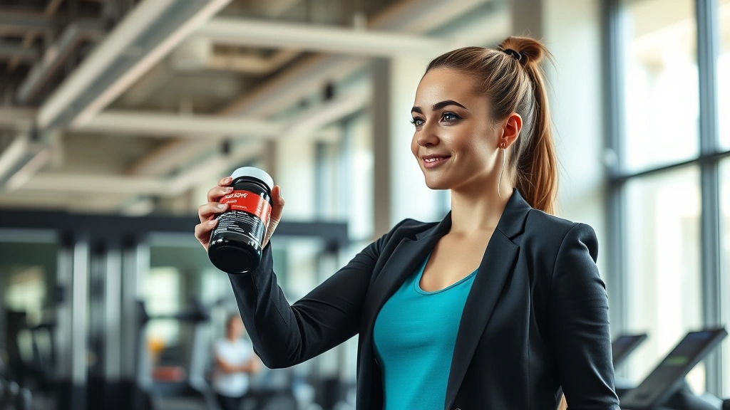 Professional woman in modern gym setting taking GNC supplement with water bottle, bright natural lighting, healthy wellness environment, photorealistic