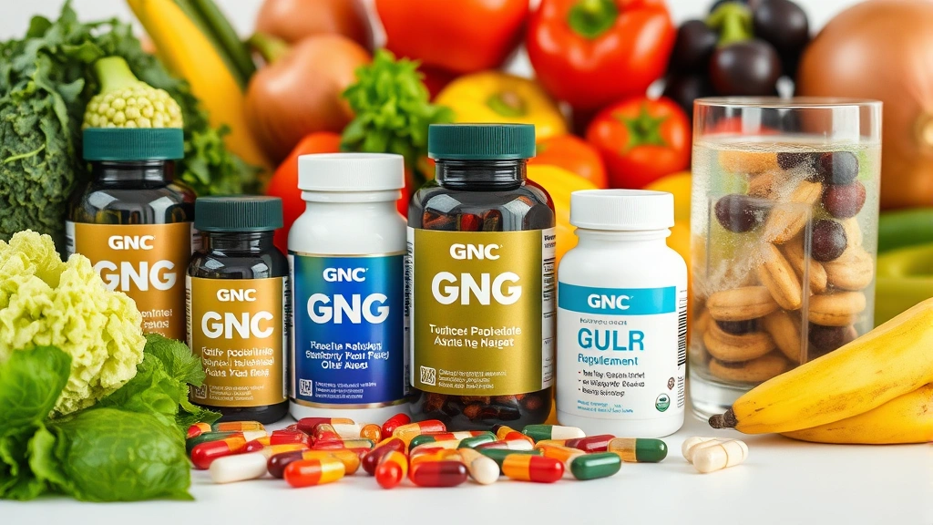 Close-up of colorful GNC supplement bottles and capsules arranged with fresh vegetables, fruits, and water glass on white surface, wellness lifestyle composition